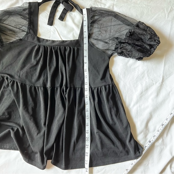 TEMPTED hearts lace puff sleeve organza baby doll top solid black size small - Picture 9 of 13